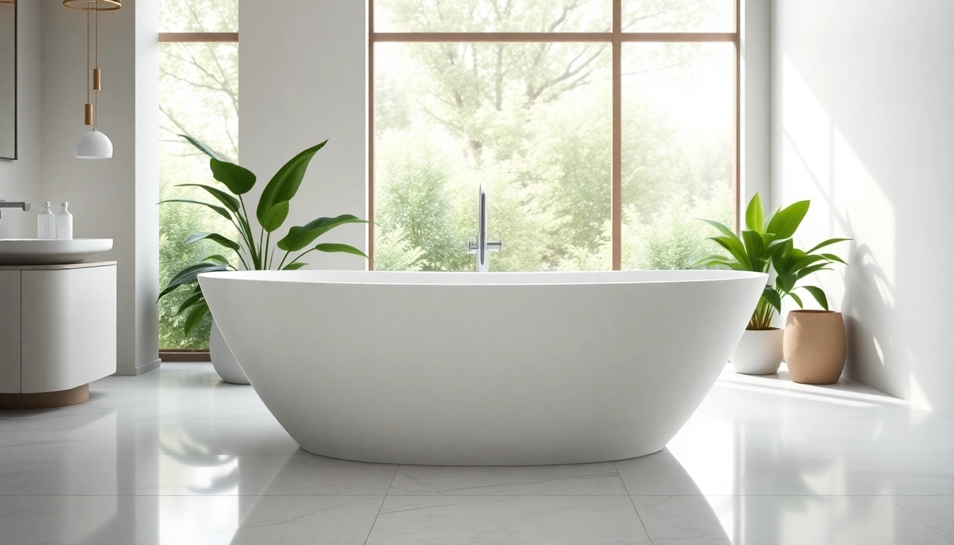 Vasca da bagno elegante con design moderno nella luce naturale di un bagno contemporaneo.