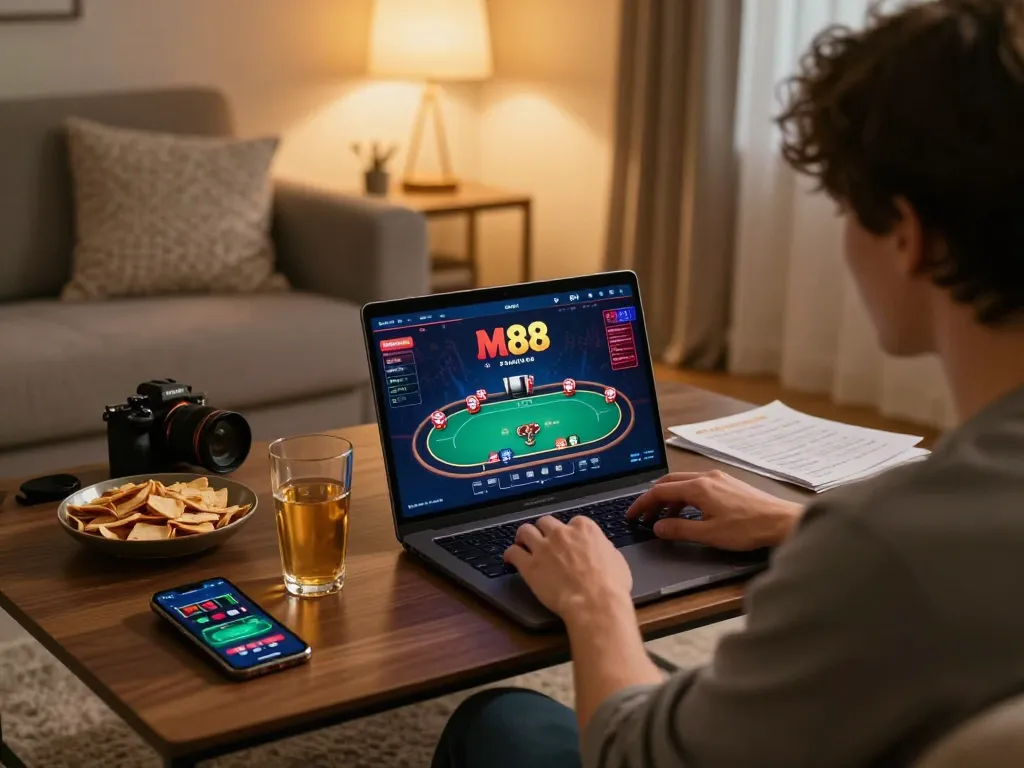 The scene depicts a user engaging with online casino games at https://www.mnm88.com/ in a cozy living room, highlighting strategic play and relaxed gaming environment.