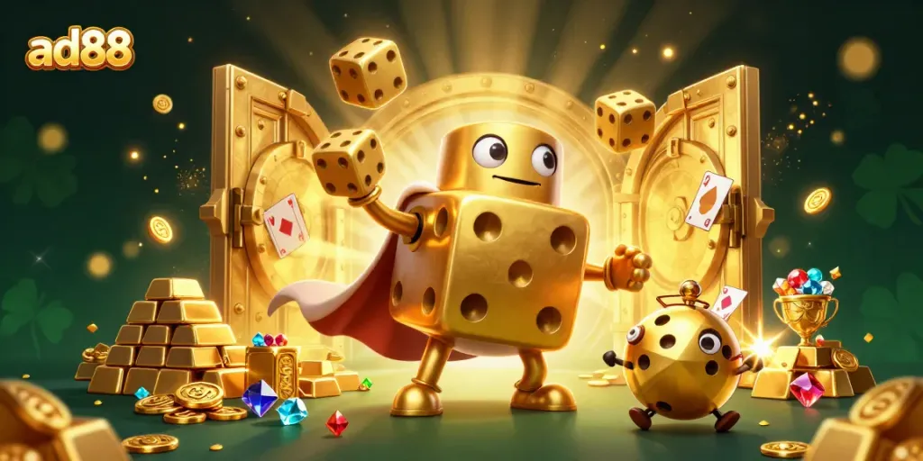 Engage with ad88 in a vibrant casino scene featuring golden dice and rich treasures.