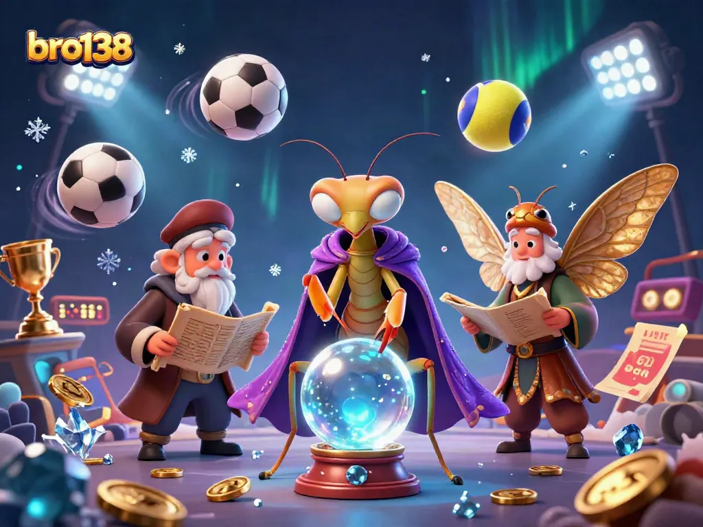 Spin to win at bro138 with a vibrant illustration of a fortune teller and a moth librarian among dynamic sports elements.