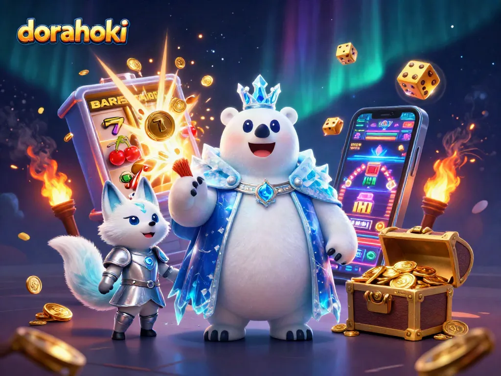Mengklaim kemenangan strategis melalui dorahoki dengan simbol jackpot, koin berkilau, dan suasana kasino yang menarik.