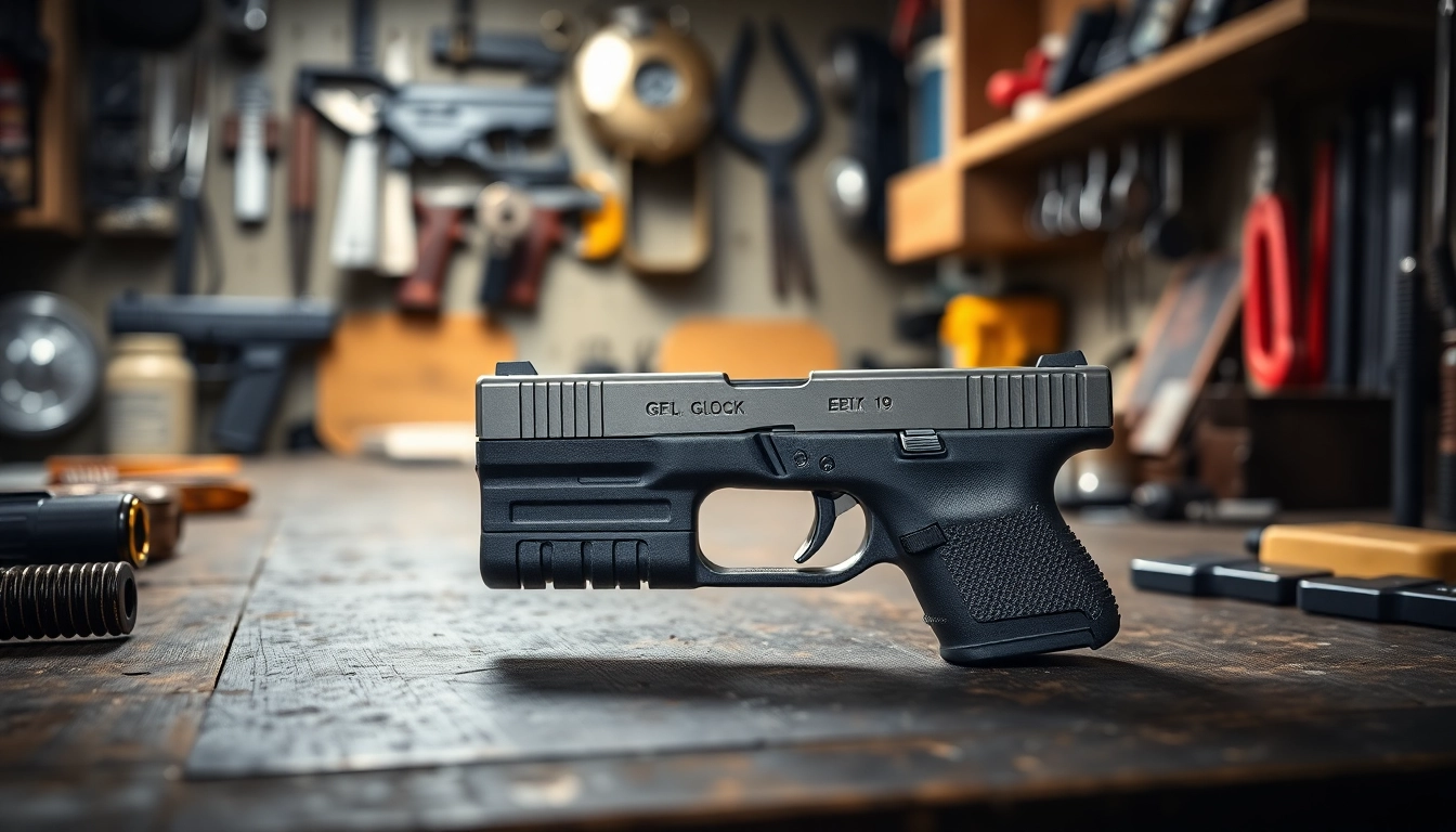 Inspect the glock 19 slide oem showcasing its sleek design and metallic finish in a workshop environment.