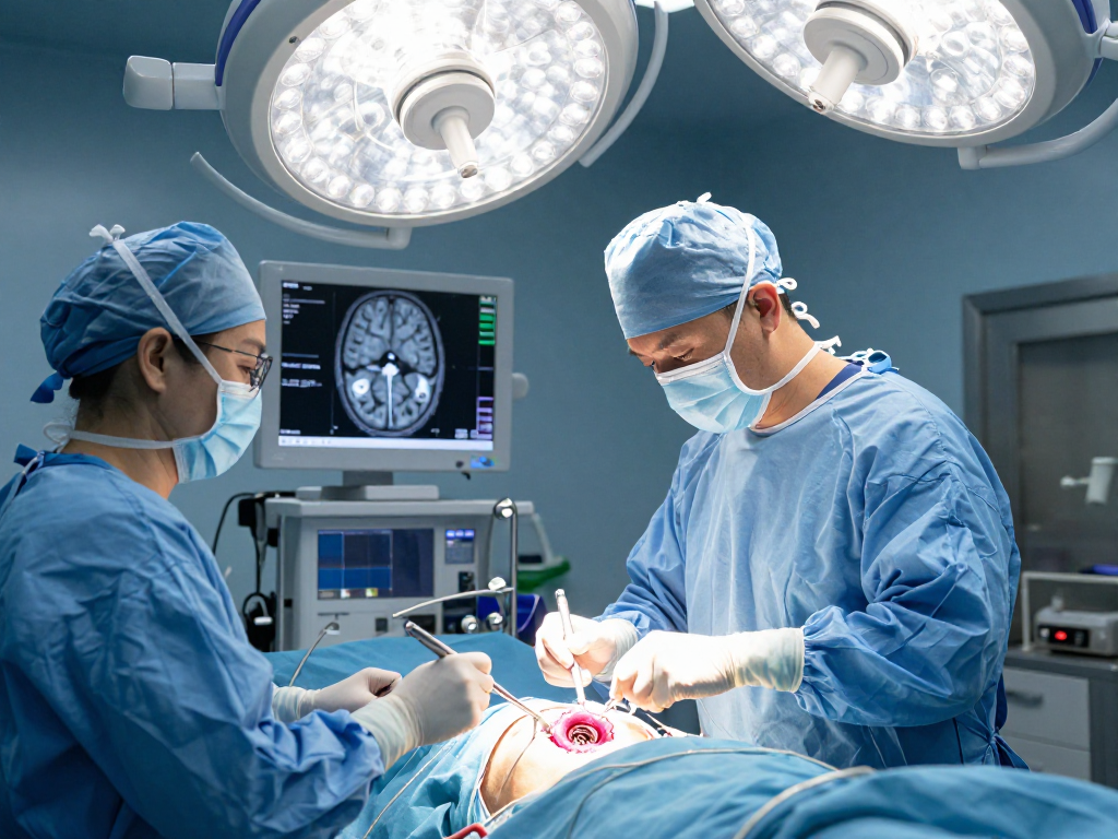 Expert team performing beyin tümörü ameliyatı with advanced techniques in a sterile operating room.
