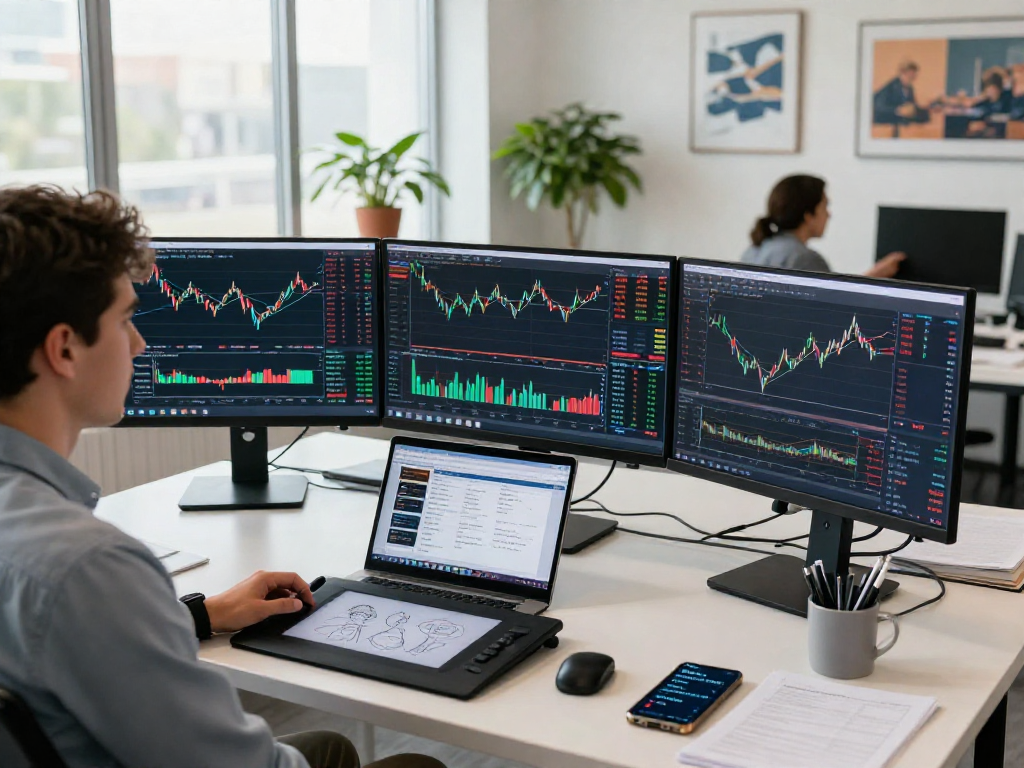 TradingView analysis tools displayed on monitors in a modern trading office.