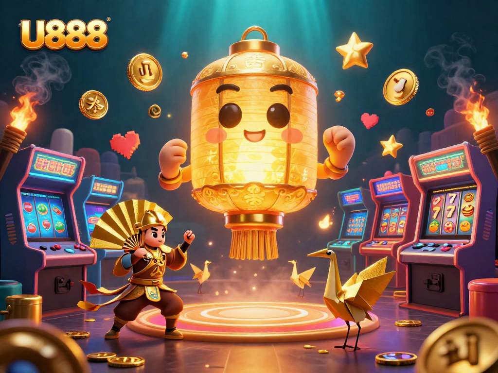 Engage with U888's vibrant casino scene featuring a golden lantern spirit surrounded by slot symbols and arcade elements.
