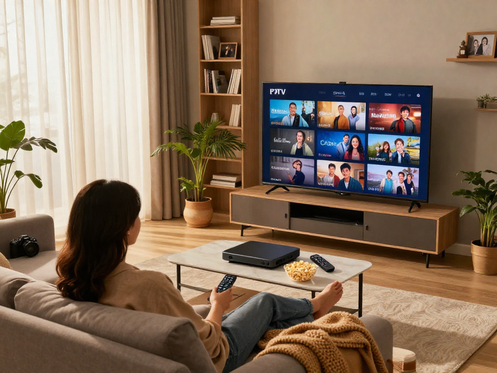 Engaged couple streaming Top IPTV subscriptions in their cozy living room, enjoying various channels together.