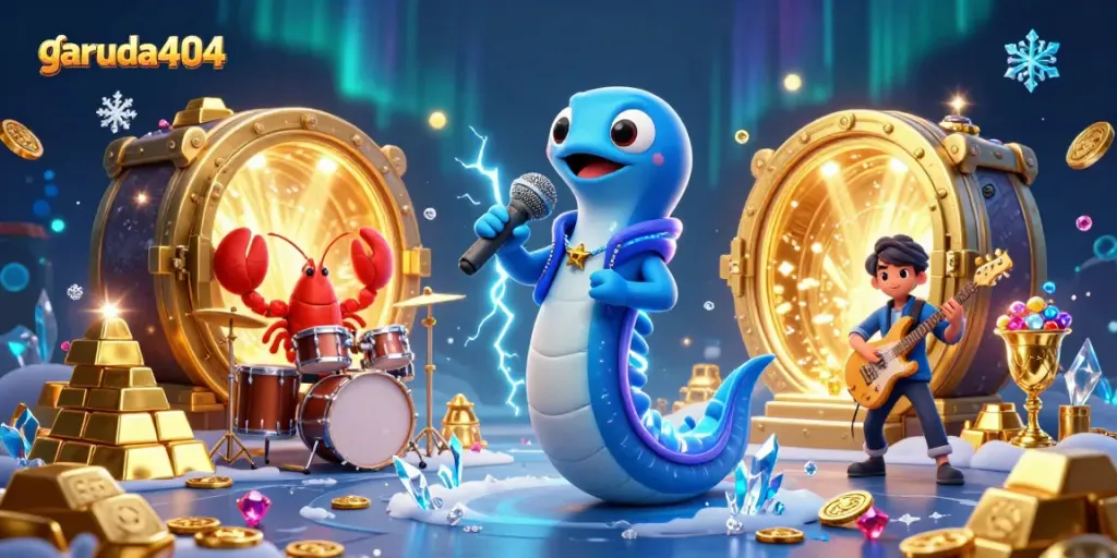 Garuda404 showcases a vibrant underwater DJ casino stage with electric eel, lobster drummer, and seahorse guitarist