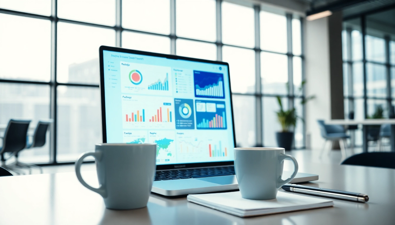 Showcasing enterprise search AI tools on a modern laptop in a vibrant office environment.