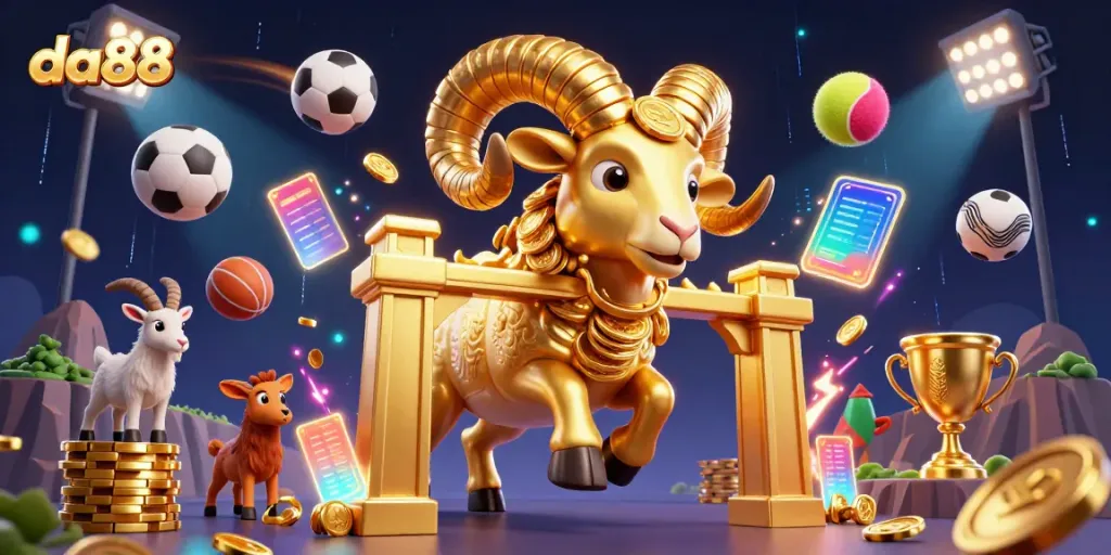 Experience excitement at da88 with a dynamic scene of a golden ram charging through sports elements