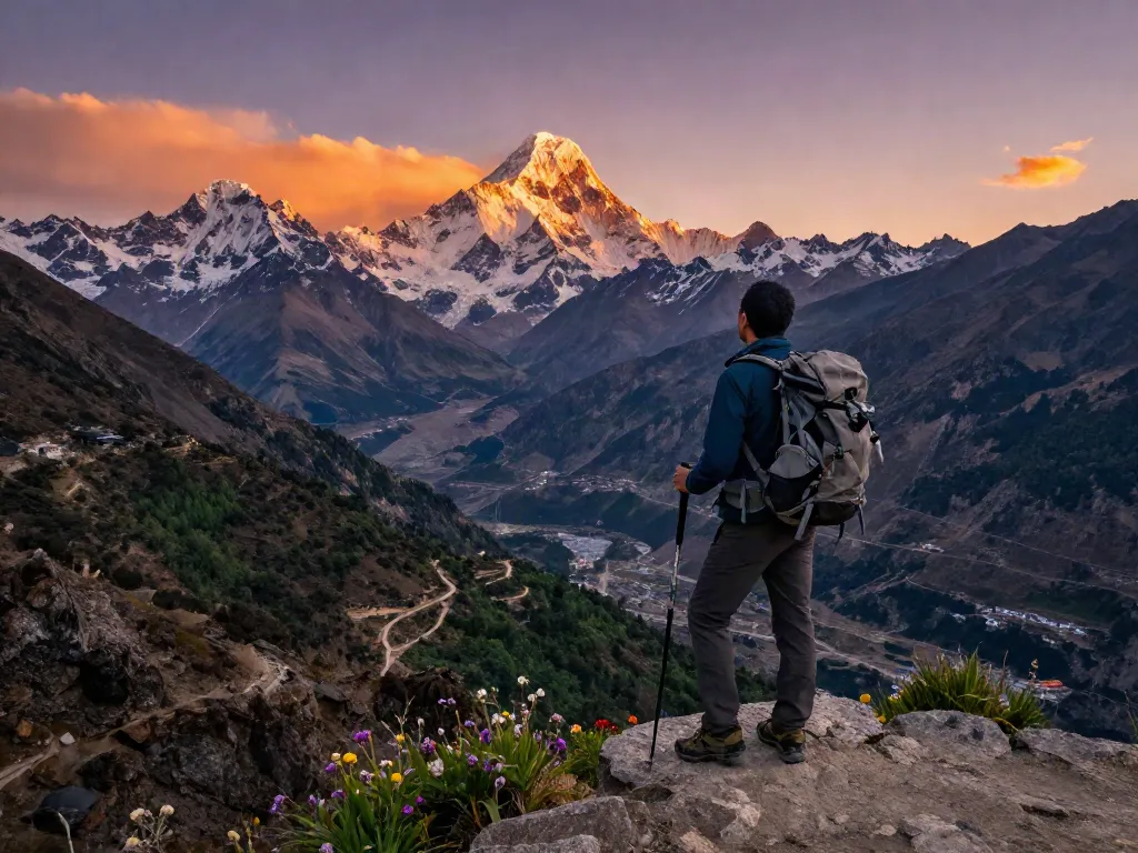 Manaslu Circuit Trek traveler at mountain pass with breathtaking views of Mount Manaslu during sunset.