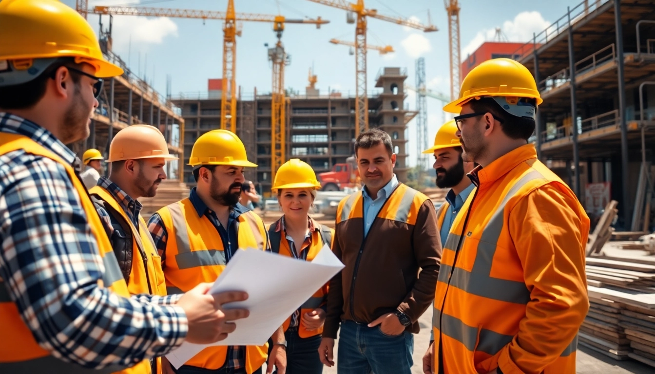 Dynamic scene of construction training showcasing workers collaborating at a job site.
