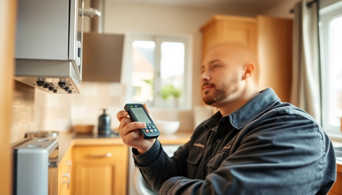 Gas engineer bristol inspecting a boiler in a modern kitchen, showcasing expertise and reliability.