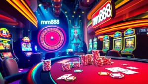 Experience excitement at mm88 with poker chips and tables in a luxurious casino scene.