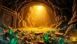 Discovering treasures inside King Solomon's Mine, showcasing golden gemstones and ancient relics.