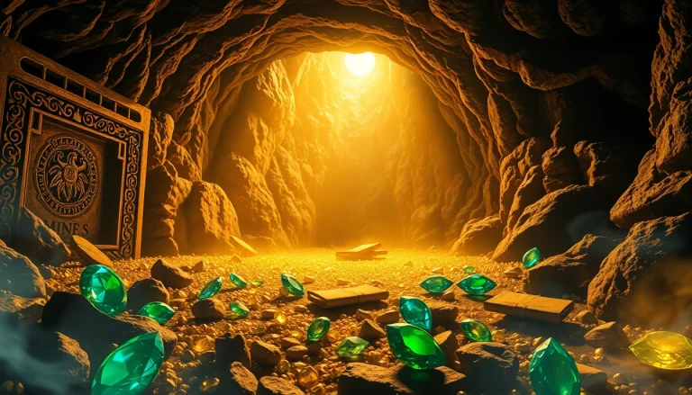 Discovering treasures inside King Solomon's Mine, showcasing golden gemstones and ancient relics.