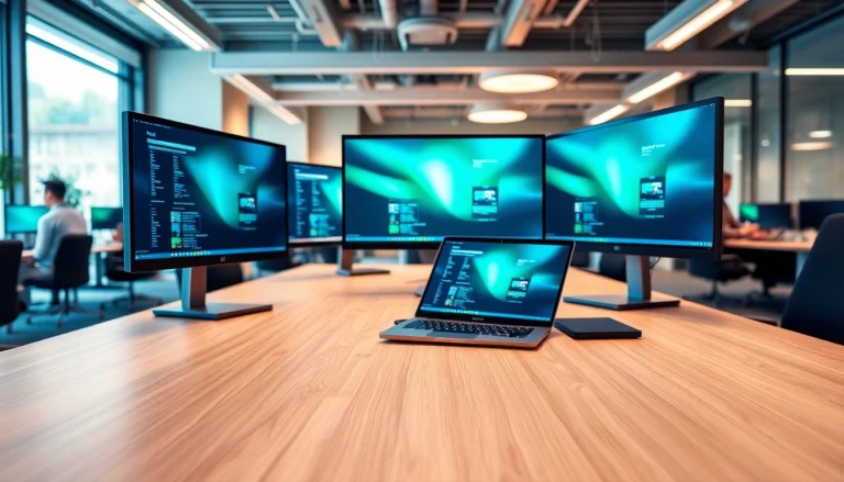 Showcase of Virtual Desktop Infrastructure (VDI) in a modern office setup with advanced computing elements.