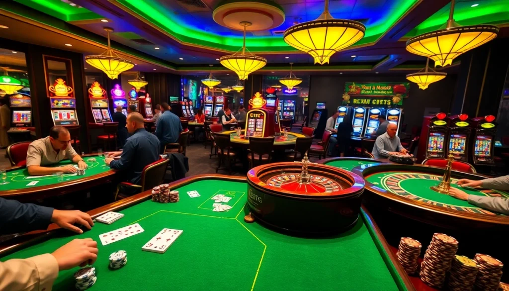 A bustling KJC casino with players at tables, vibrant slot machines, and a spinning roulette wheel.