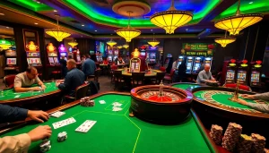 A bustling KJC casino with players at tables, vibrant slot machines, and a spinning roulette wheel.