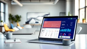 Engaging TikTok SMM panel interface on laptop in a modern office, showcasing analytics.