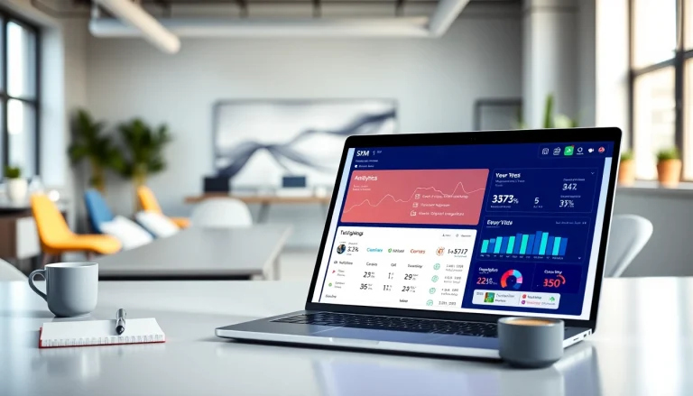 Engaging TikTok SMM panel interface on laptop in a modern office, showcasing analytics.