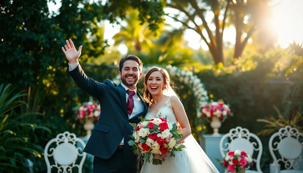 Tampa Bay photographers capturing a joyful wedding couple amidst beautiful Tampa greenery.