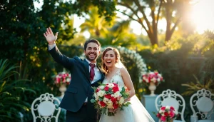 Tampa Bay photographers capturing a joyful wedding couple amidst beautiful Tampa greenery.