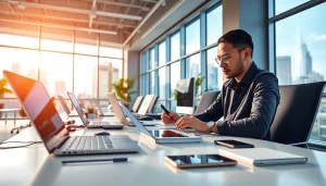 Engage with modern technology in a dynamic workspace demonstrating innovation and productivity.