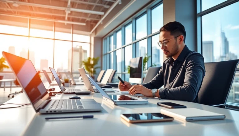 Engage with modern technology in a dynamic workspace demonstrating innovation and productivity.