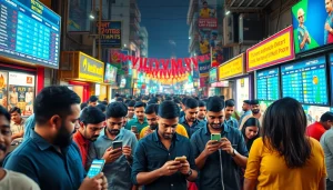 Engaged bettors analyzing the best sports betting sites in India with mobile apps in a vibrant marketplace.