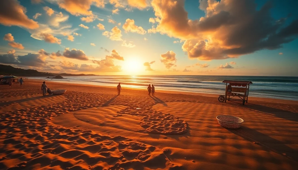 Deslumbrante pôr do sol na praia de Paripueira AL com famílias apreciando as vibrantes piscinas naturais.