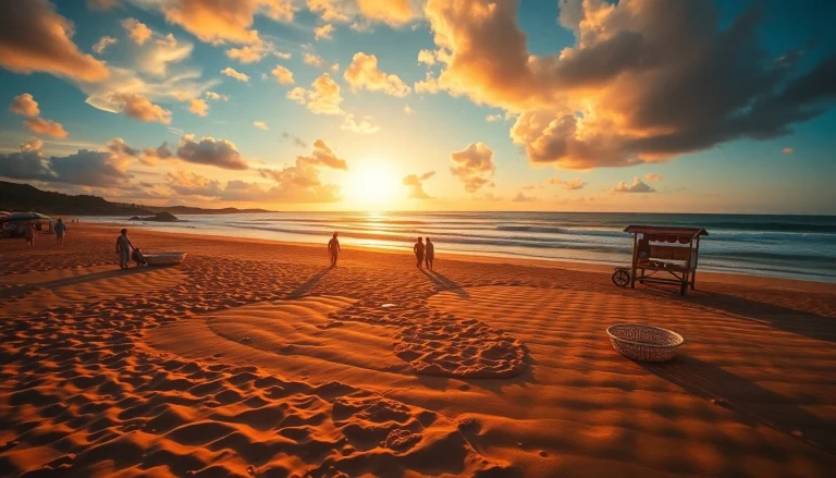 Deslumbrante pôr do sol na praia de Paripueira AL com famílias apreciando as vibrantes piscinas naturais.