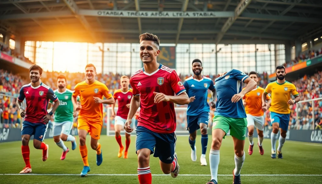 Showcase of athletes in action wearing cheap football kits, emphasizing vibrant colors and team spirit.