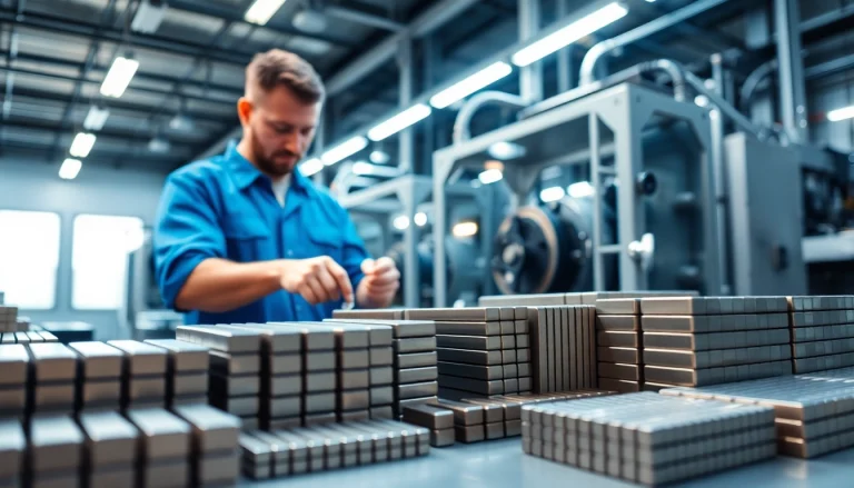 Ferrite magnets manufacturer in China showcases skilled technicians assembling magnets in a modern factory.