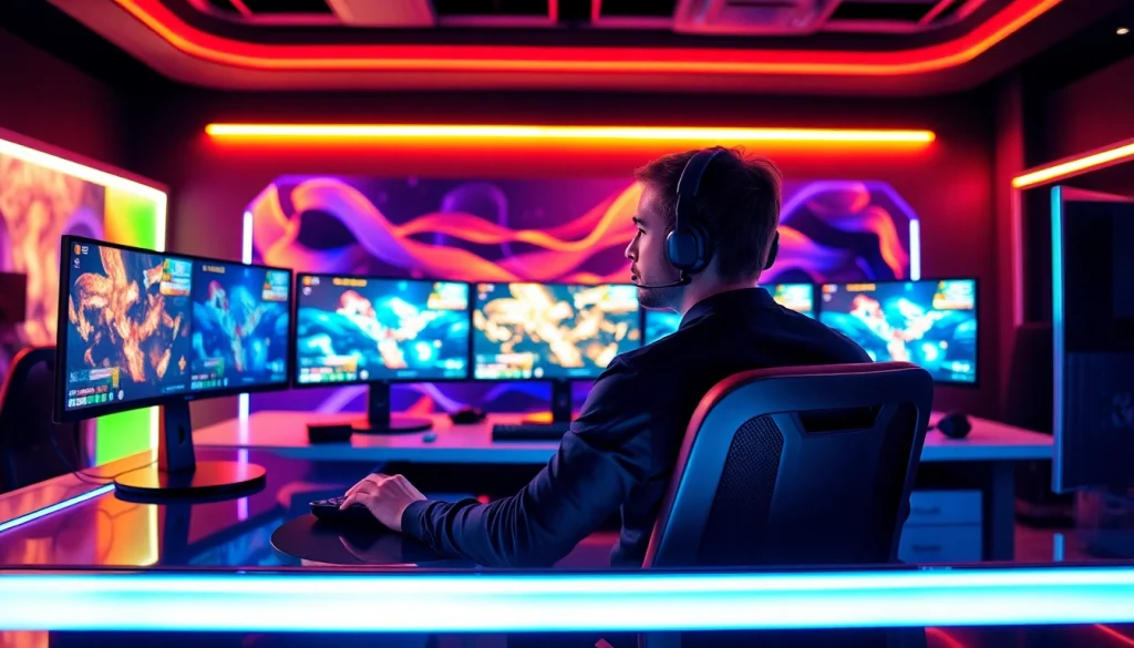 Menangkan togel online dengan fokus gamer di lingkungan gaming modern dan cerah.