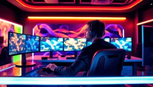 Menangkan togel online dengan fokus gamer di lingkungan gaming modern dan cerah.