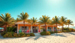 Relax in a vibrant coastal cabana surrounded by palm trees and sandy beaches.
