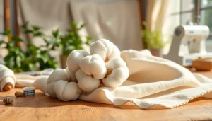 Bekijk ongebleekt katoen en naai benodigdheden in een creatieve studio