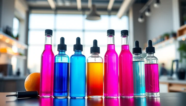 Vape liquid bottles displayed elegantly, showcasing vibrant colors and styles.