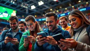 Engaged bettors exploring the best sports betting sites in India surrounded by a dynamic sports atmosphere.