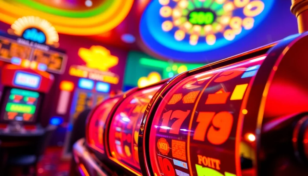 Mainkan bro138 slot dengan suasana kasino yang cerah dan penuh warna.