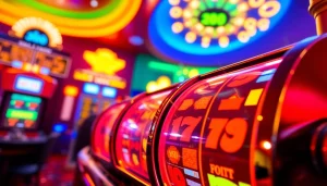 Mainkan bro138 slot dengan suasana kasino yang cerah dan penuh warna.