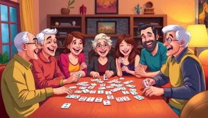 Engage with friends while playing Ok Rummy in a lively living room setting with colorful cards.