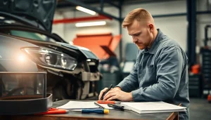 Gutachten Auto Aachen: KFZ-Gutachter prüft Schäden an Fahrzeug in Werkstatt.