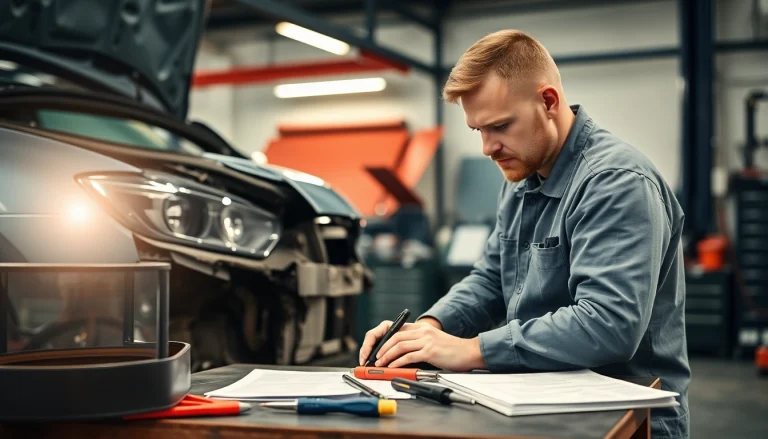 Gutachten Auto Aachen: KFZ-Gutachter prüft Schäden an Fahrzeug in Werkstatt.