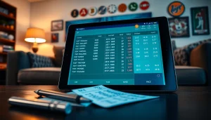 Engaging scene of sports betting Brazil with a tablet displaying odds in a cozy living room.
