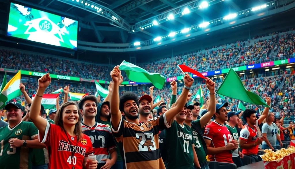 스포츠중계를 즐기는 팬들이 가득 찬 경기장에서 응원하는 모습