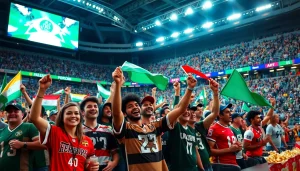 스포츠중계를 즐기는 팬들이 가득 찬 경기장에서 응원하는 모습