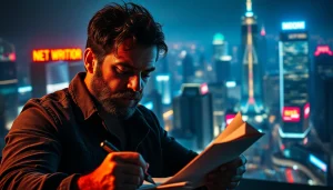 Engaging action thriller author immersed in writing amidst a vibrant urban backdrop.