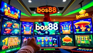 Main engagement display on bos88, showcasing vibrant slot games and a user interface.
