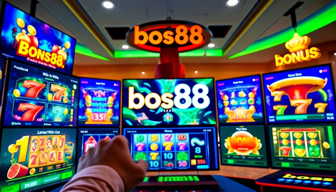 Main engagement display on bos88, showcasing vibrant slot games and a user interface.